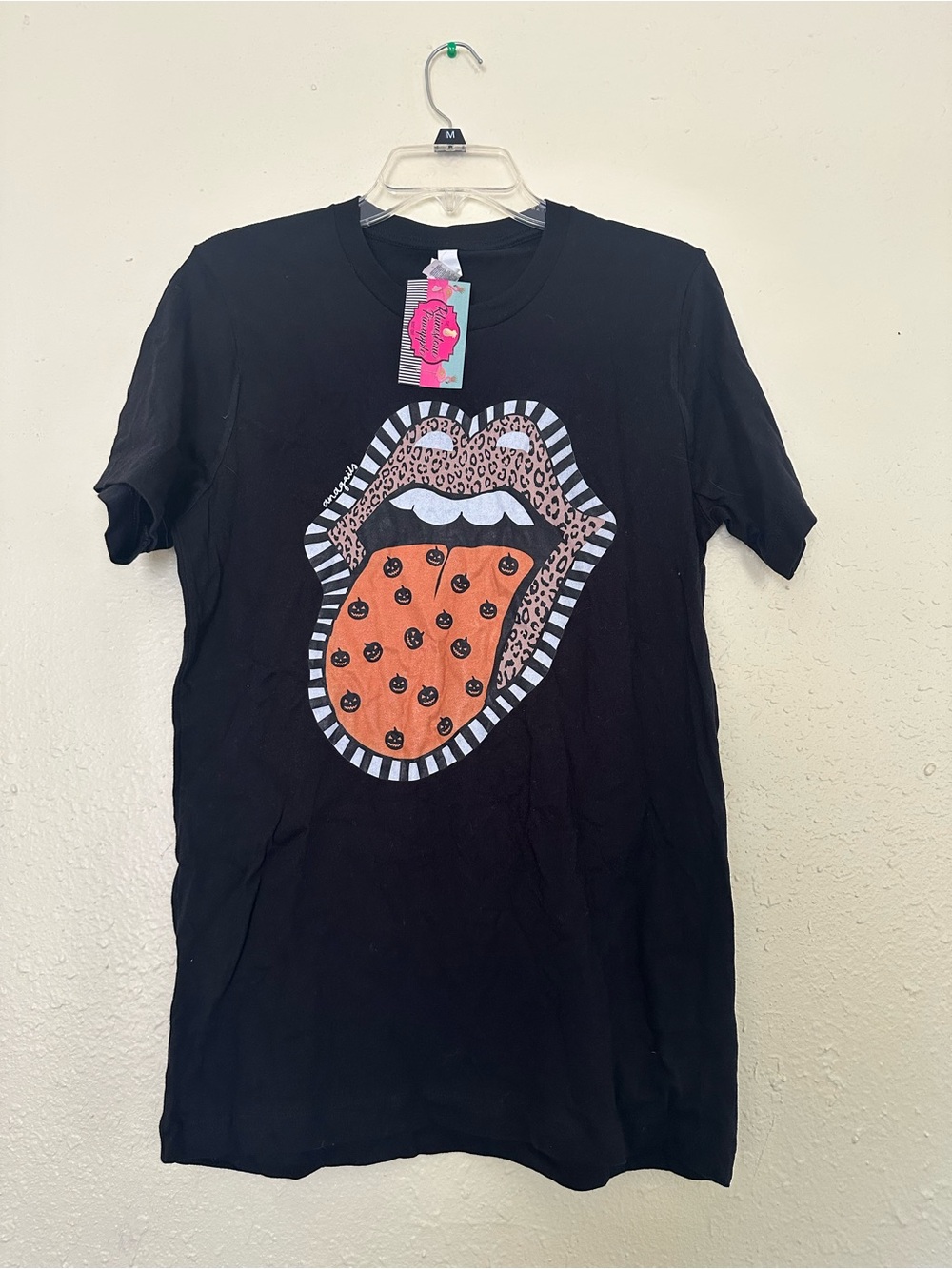 Bella Canvas Black Short Sleeve Tee with Orange Leopard Tongue Graphic NWT